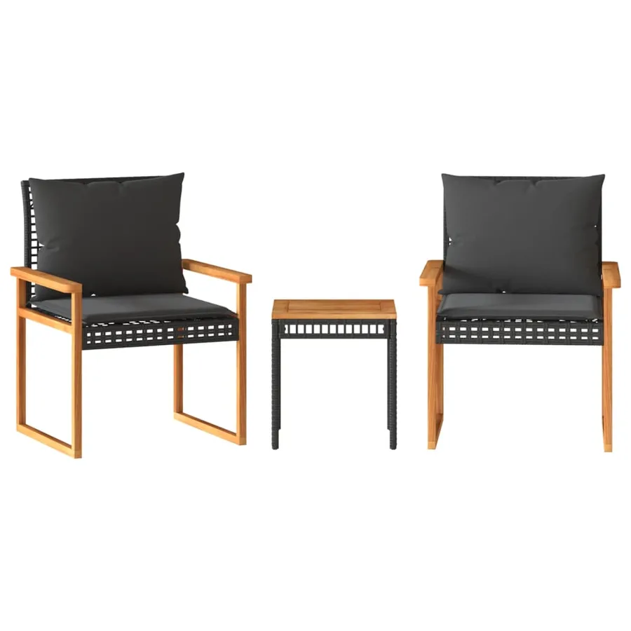 Ensemble de bistro 3 pcs et coussins noir résine tressée acacia - 2