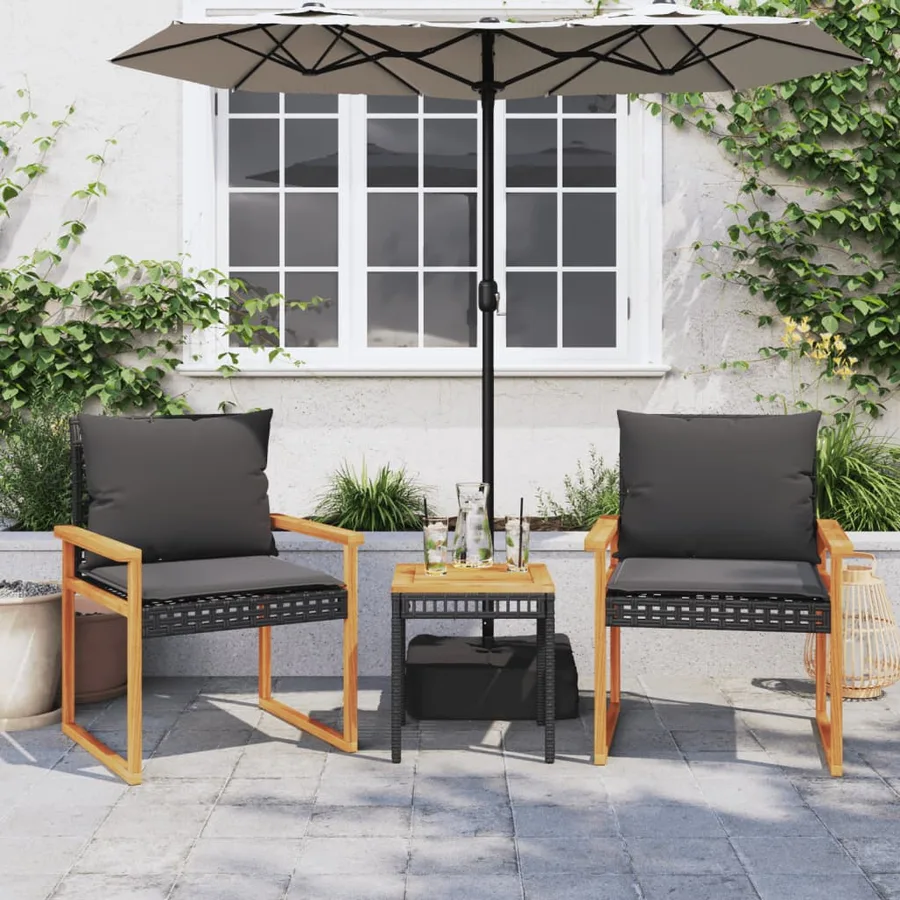 Ensemble de bistro 3 pcs et coussins noir résine tressée acacia - 3