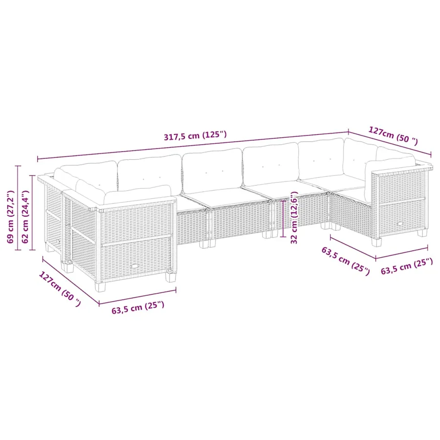 Salon de jardin 7 pcs avec coussins noir résine tressée 63,5 x 63,5 x 62 cm - 66,8 kg - 6
