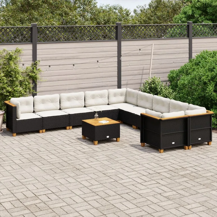Salon de jardin 11 pcs avec coussins noir résine tressée