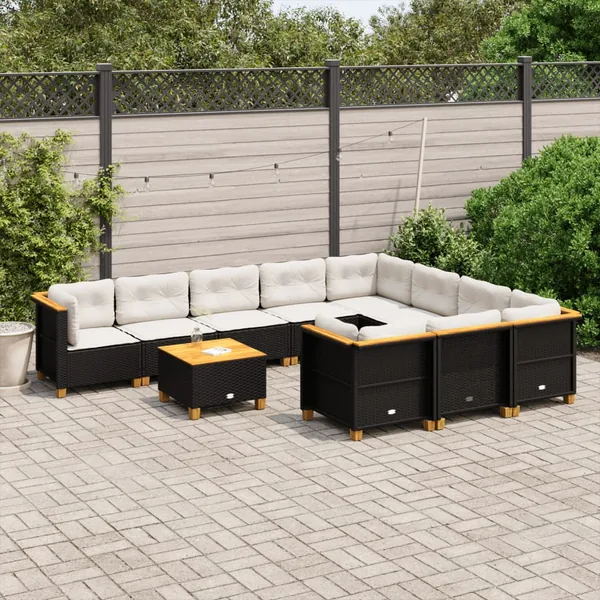 Salon de jardin 11 pcs avec coussins noir résine tressée
