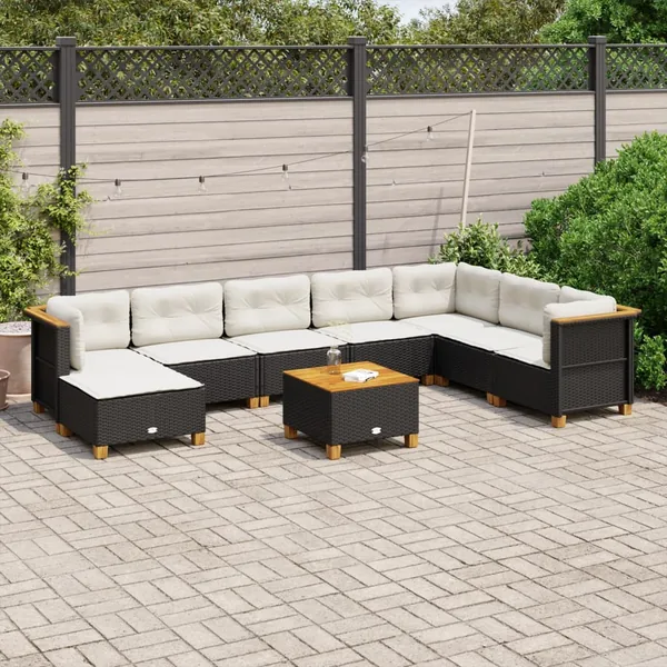 Salon de jardin 9 pcs avec coussins noir résine tressée