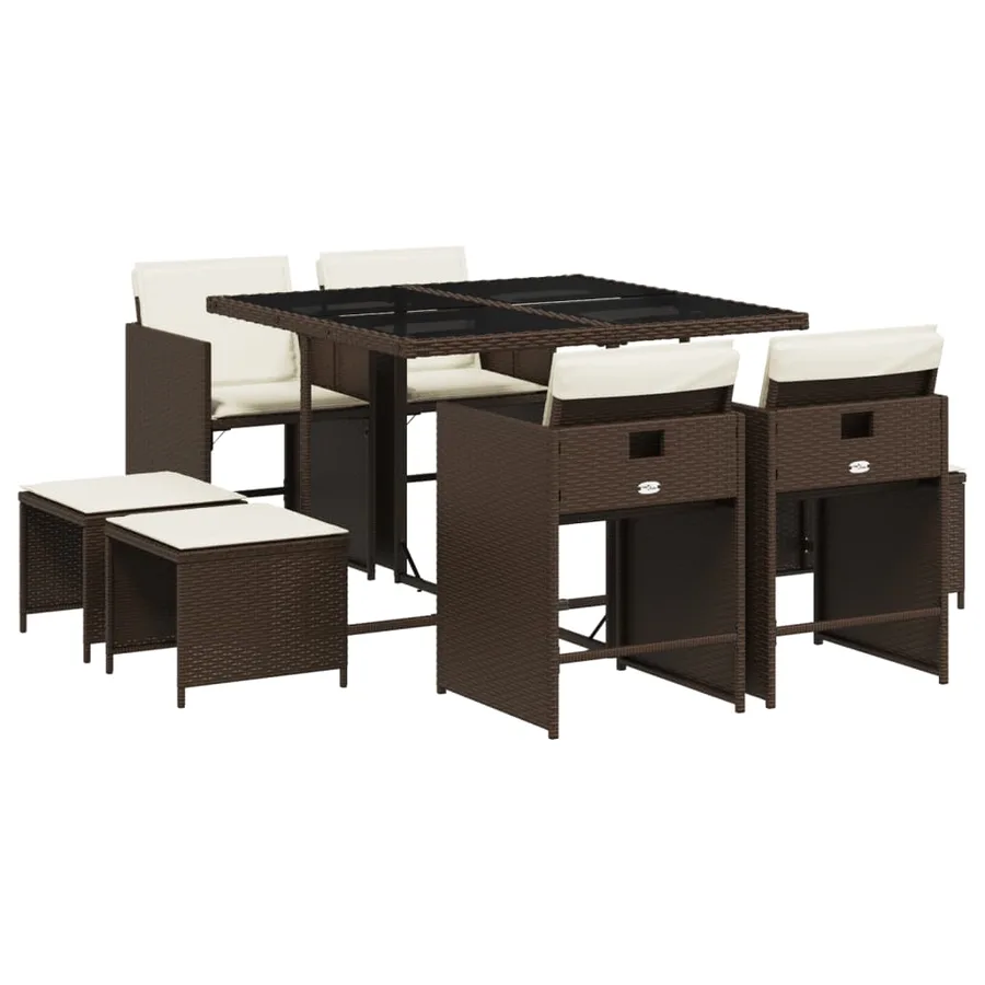 Ensemble à manger de jardin et coussins 9 pcs marron poly rotin - 2