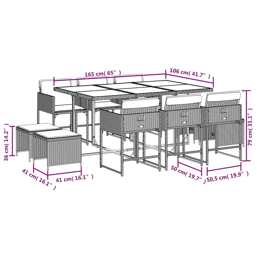 Ensemble à manger de jardin et coussins 11 pcs marron rotin - 11