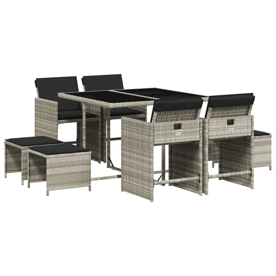 Ensemble à manger de jardin et coussins 9 pcs gris clair rotin - 2