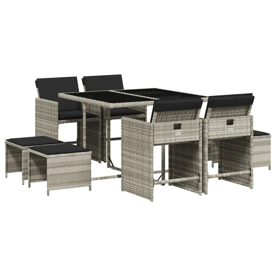 Ensemble à manger de jardin et coussins 9 pcs gris clair rotin - 2