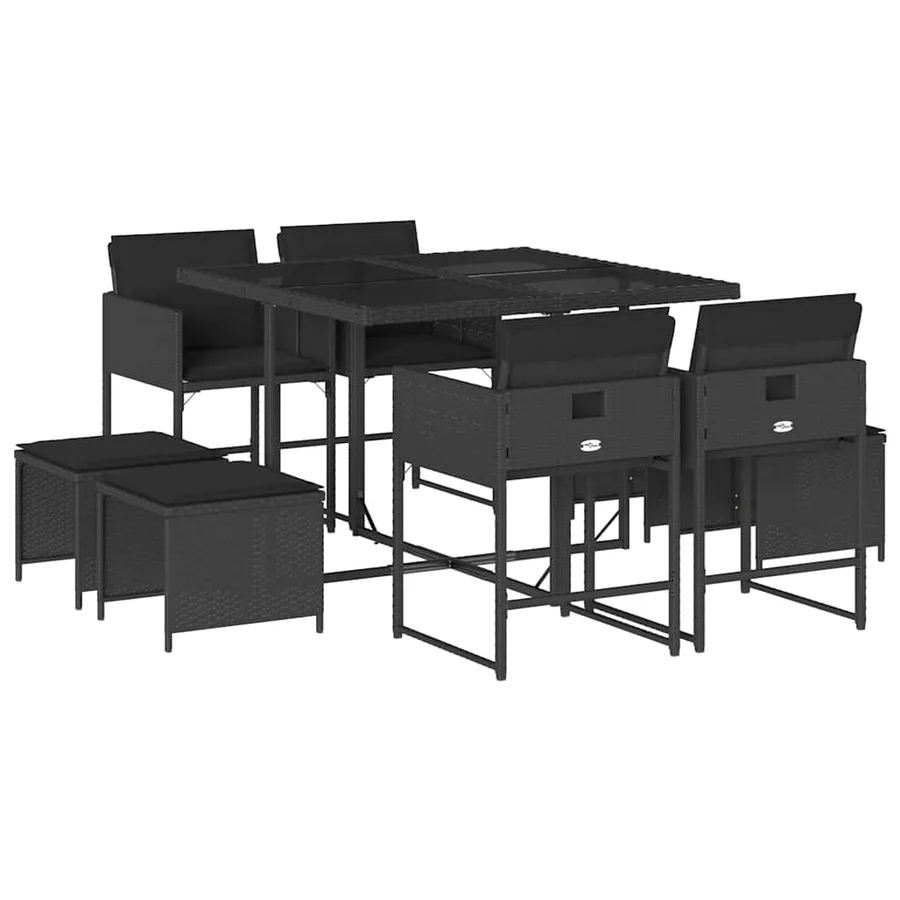 Ensemble à manger de jardin 9pcs coussins noir résine tressée - 2