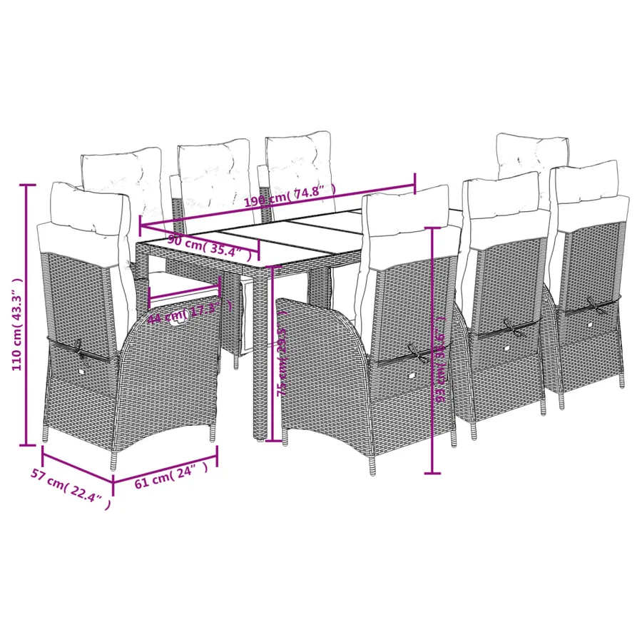 Ensemble à manger de jardin 9pcs coussins noir résine tressée - 9
