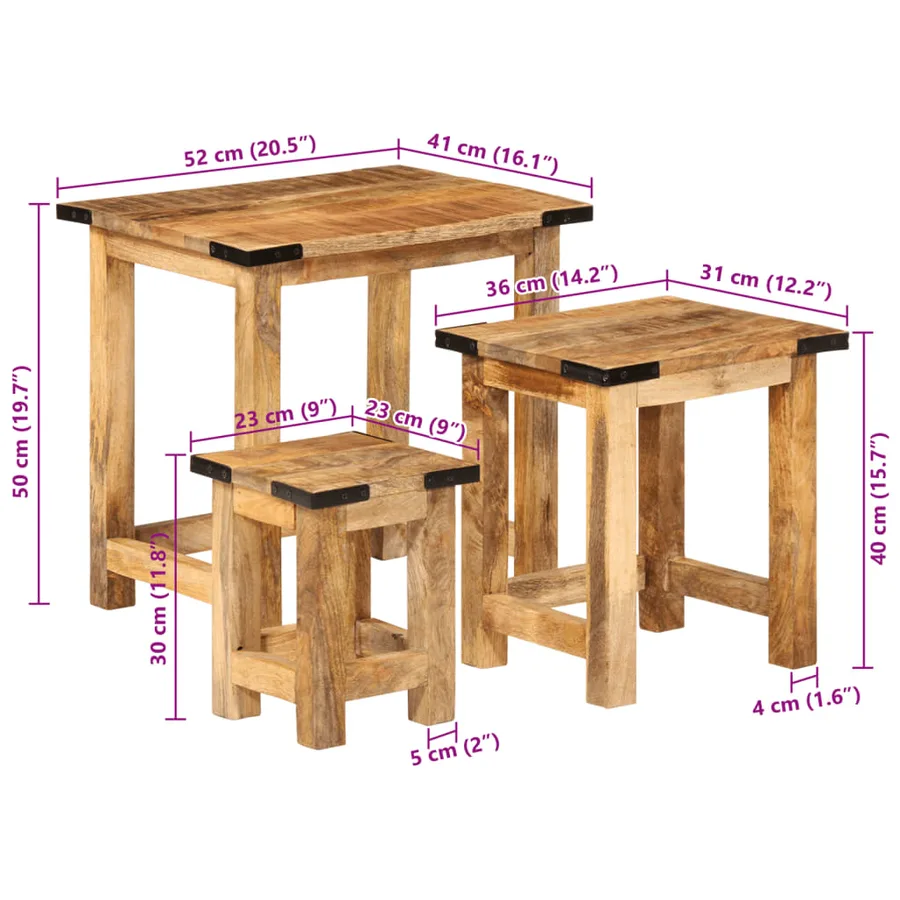 Tables d'appoint gigognes 3 pcs bois de manguier massif brut - 13