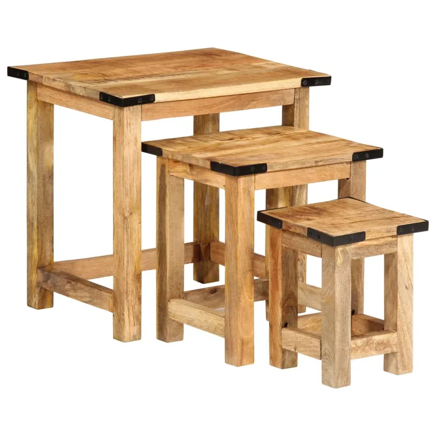 Tables d'appoint gigognes 3 pcs bois de manguier massif brut - 14