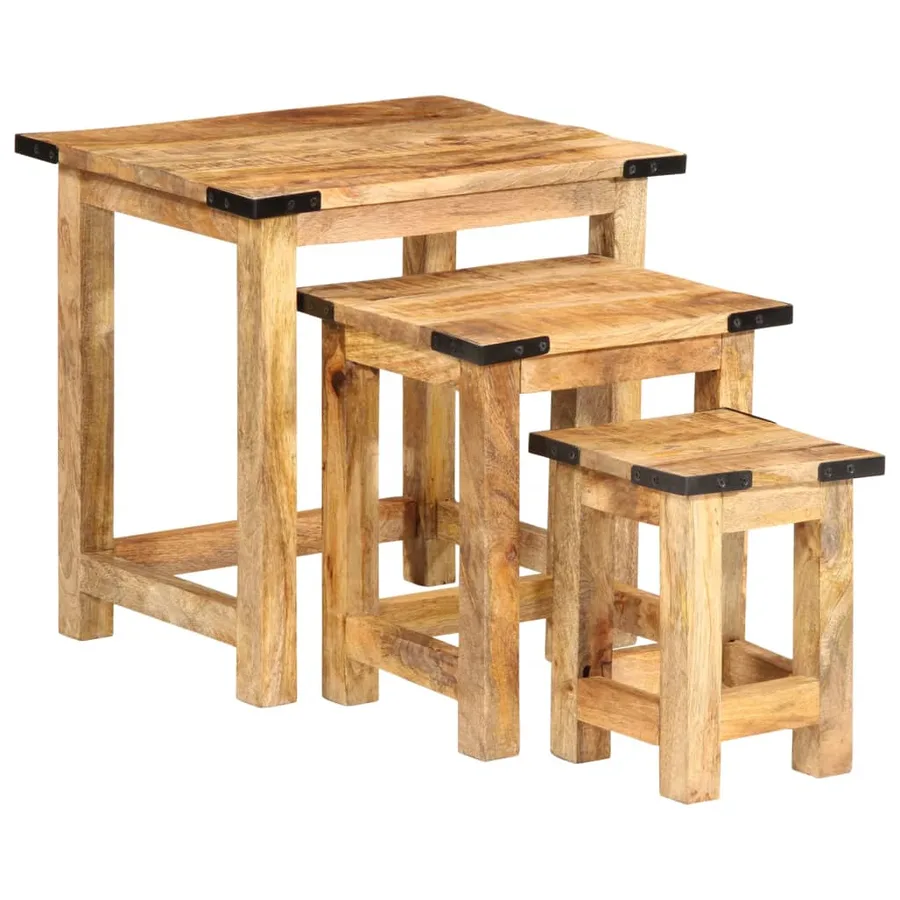 Tables d'appoint gigognes 3 pcs bois de manguier massif brut - 15