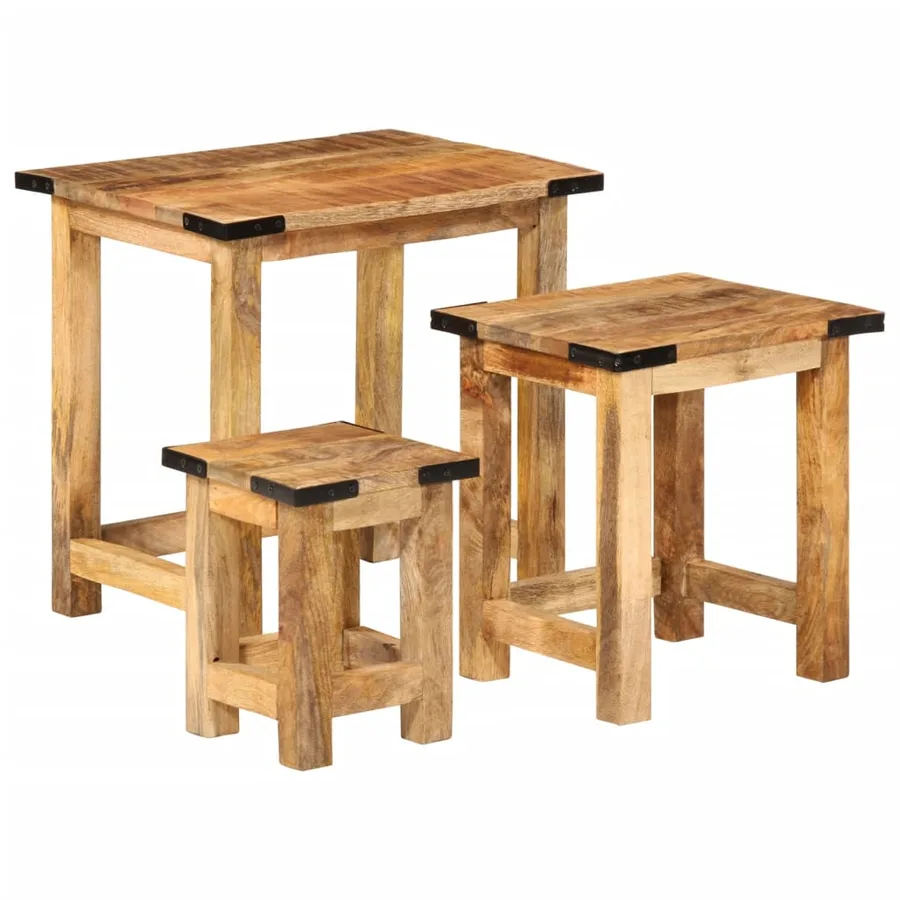 Tables d'appoint gigognes 3 pcs bois de manguier massif brut - 2
