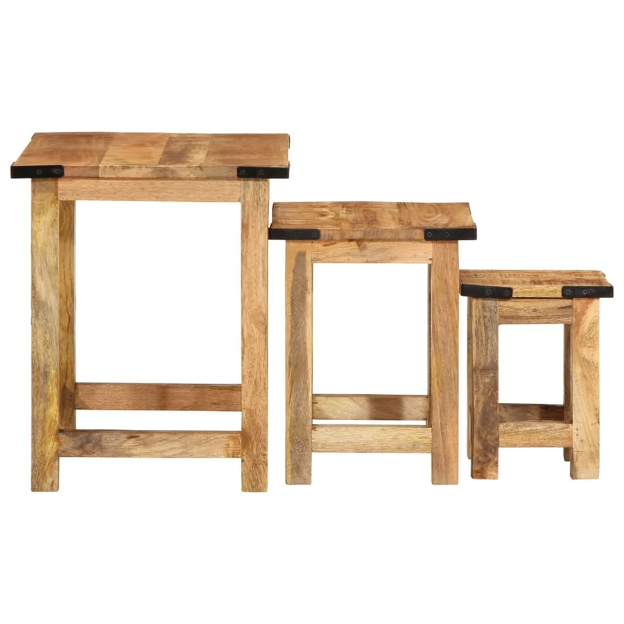 Tables d'appoint gigognes 3 pcs bois de manguier massif brut - 5