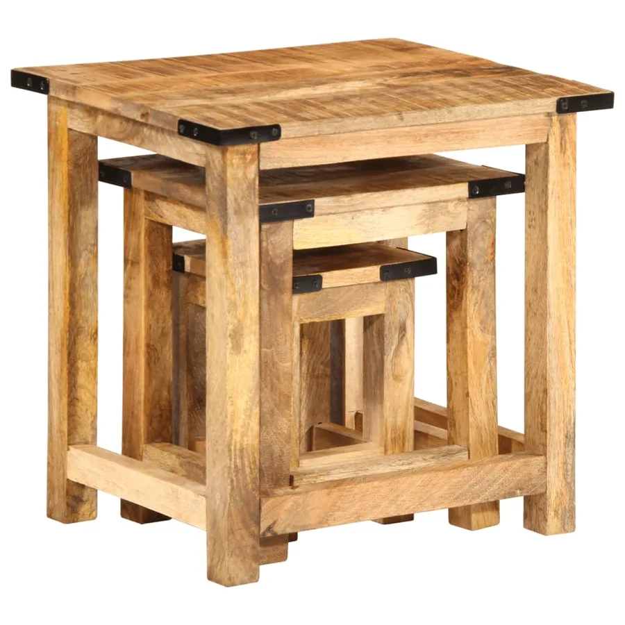 Tables d'appoint gigognes 3 pcs bois de manguier massif brut - 6