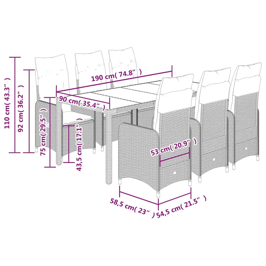 Ensemble de bistro de jardin 7 pcs coussins marron poly rotin - 7