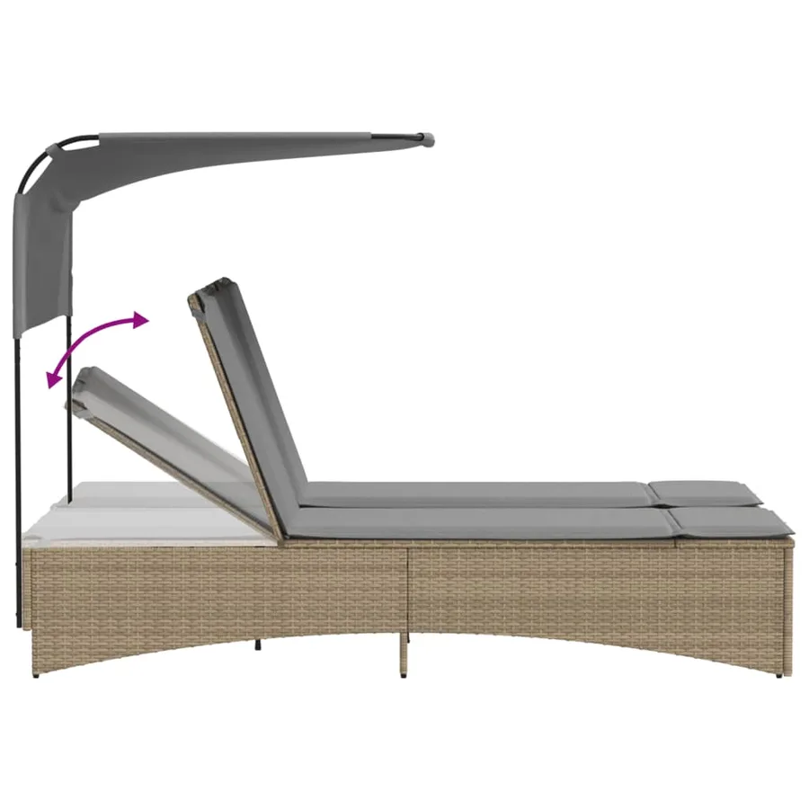 Chaise longue double et auvent et coussins mélange beige rotin - 8