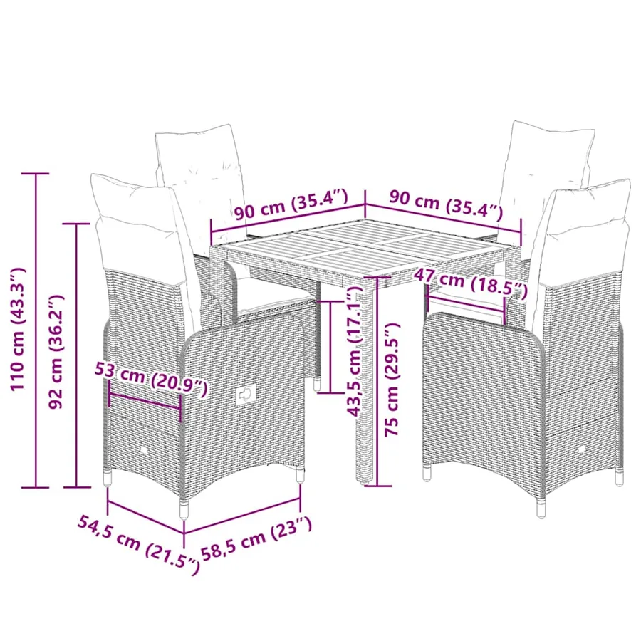 Ensemble de bistro de jardin 5 pcs coussins beige poly rotin - 9