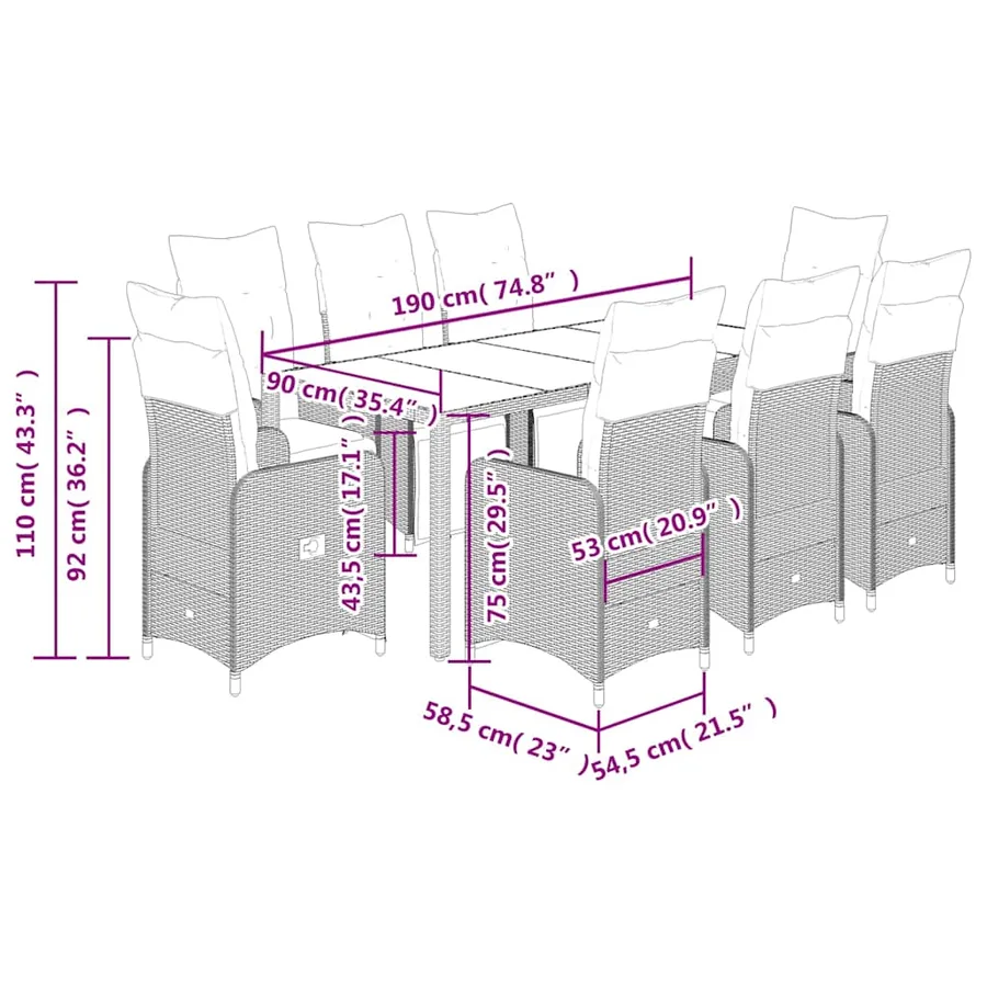 Ensemble de bistro de jardin 9 pcs coussins marron poly rotin - 7