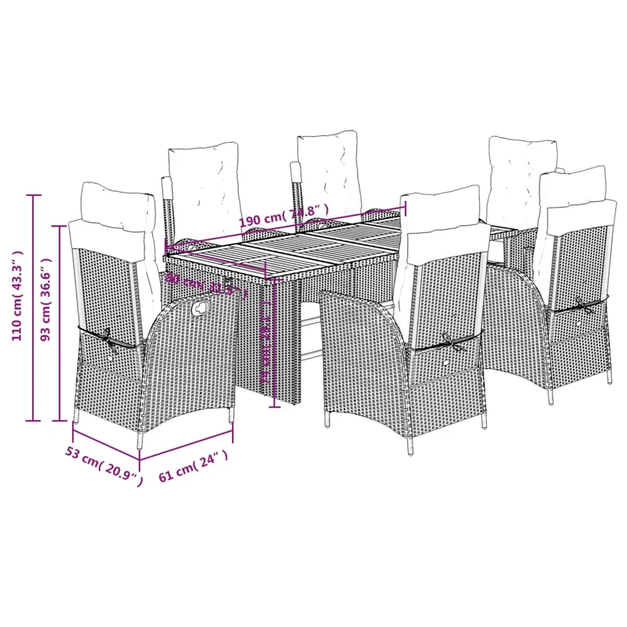 Ensemble à manger de jardin coussins 7pcs Noir Résine tressée - 9