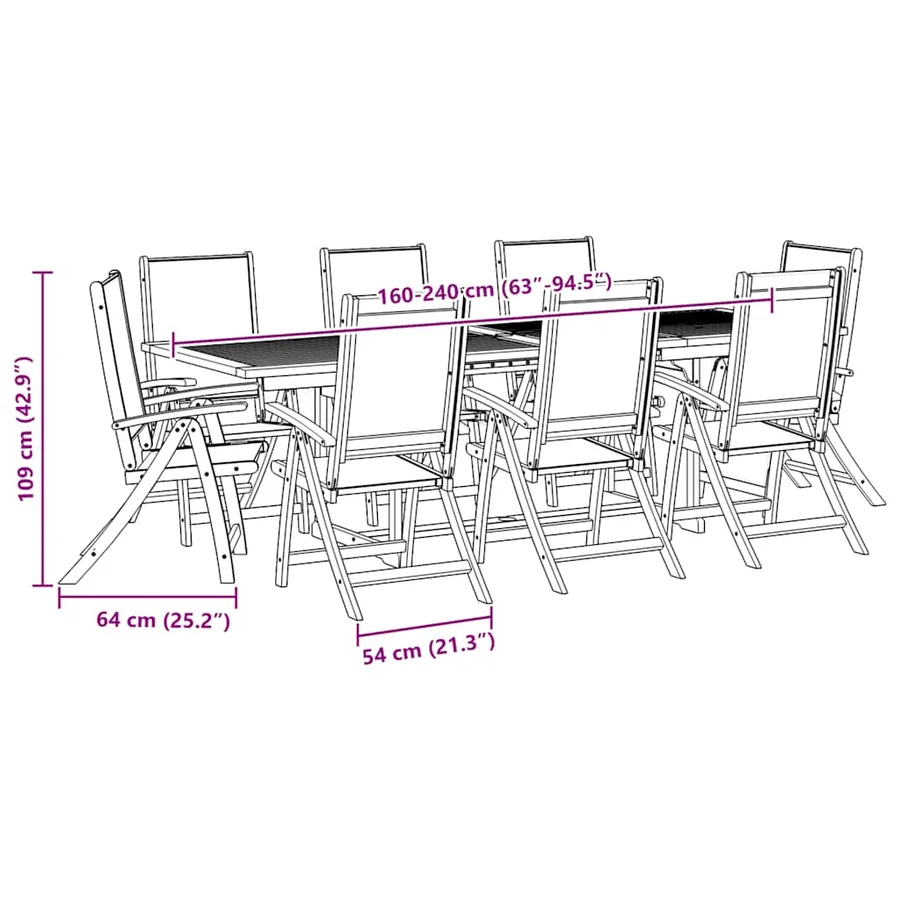 Ensemble à manger de jardin 9pcs bois d'acacia solide textilène - 14