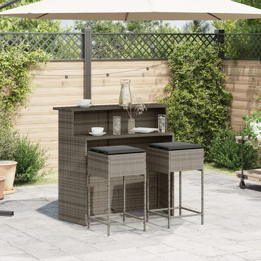 Ensemble de bar de jardin 3 pcs et coussins gris résine tressée - 3