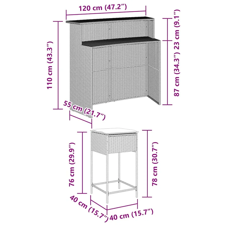 Ensemble de bar de jardin 3 pcs et coussins gris résine tressée - 8
