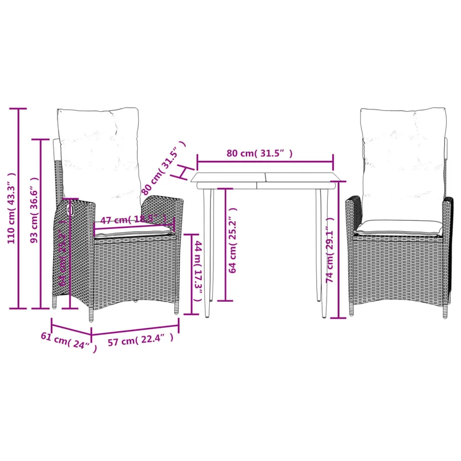 Ensemble à manger de jardin avec coussins 3 pcs Noir - 9