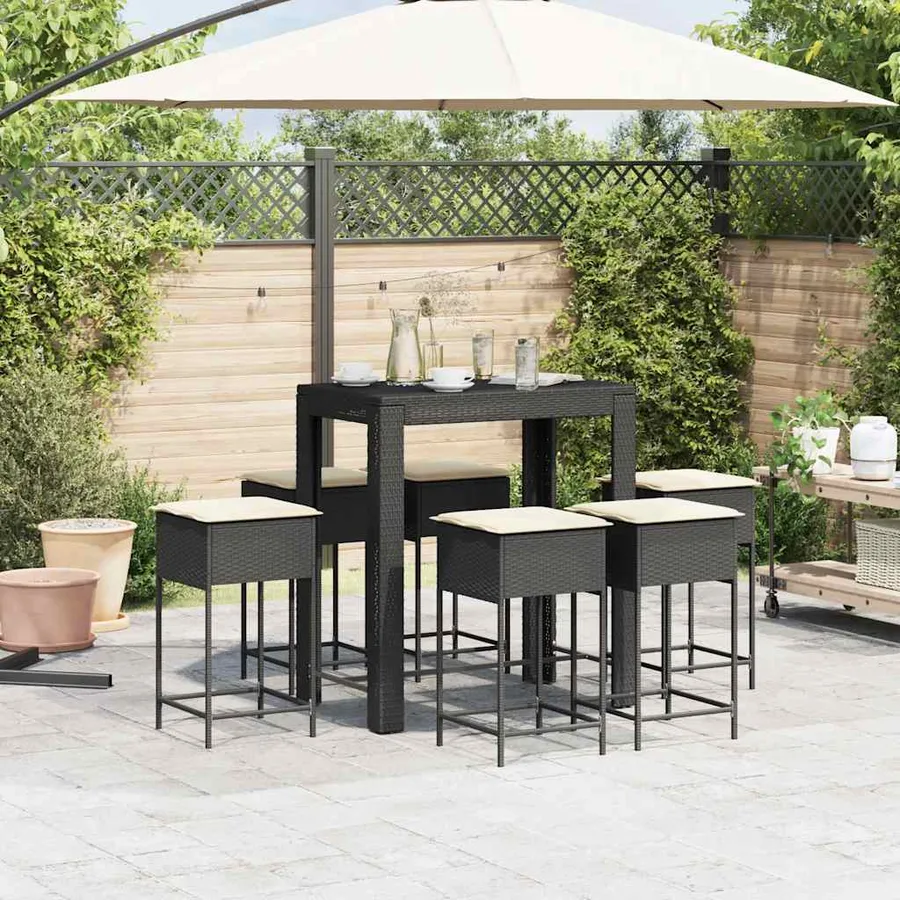 Ensemble de bar de jardin 7 pcs avec coussins noir poly rotin - 3