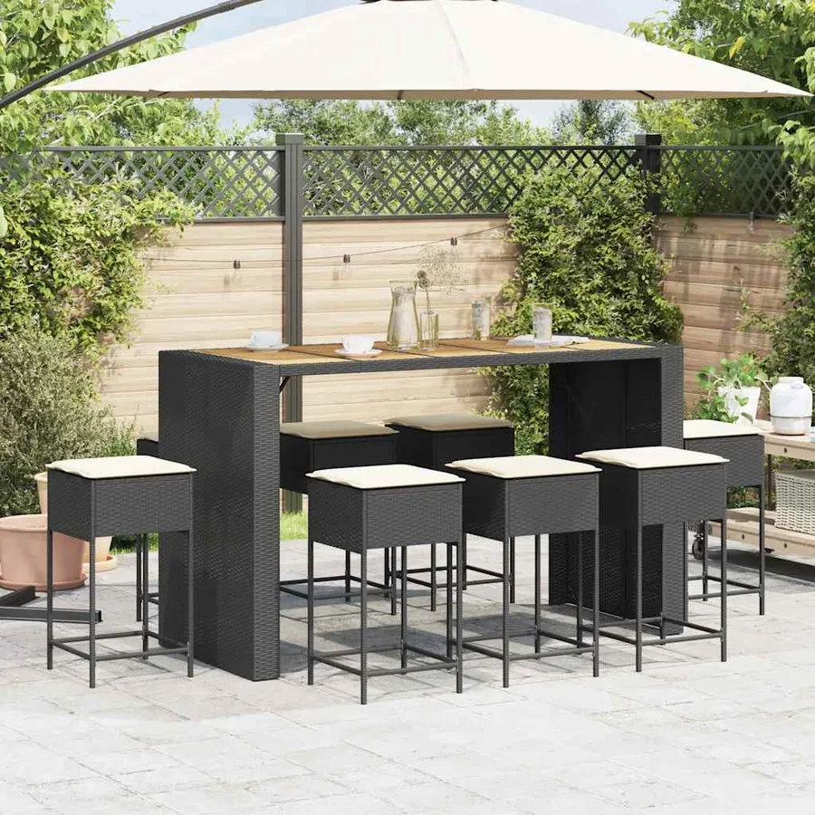 Ensemble de bar de jardin 9 pcs avec coussins noir poly rotin - 3