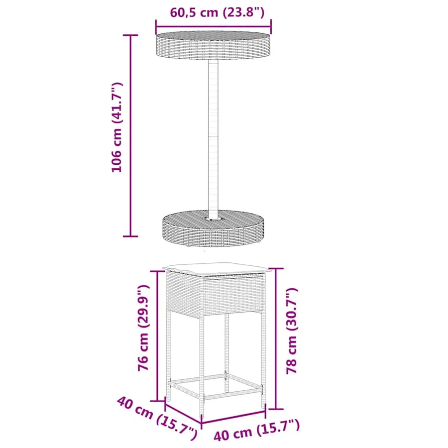 Ensemble de bar de jardin 3 pcs avec coussins noir poly rotin - 8