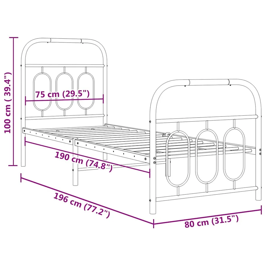 Cadre de lit métal sans matelas avec pied de lit blanc 75x190cm - 8