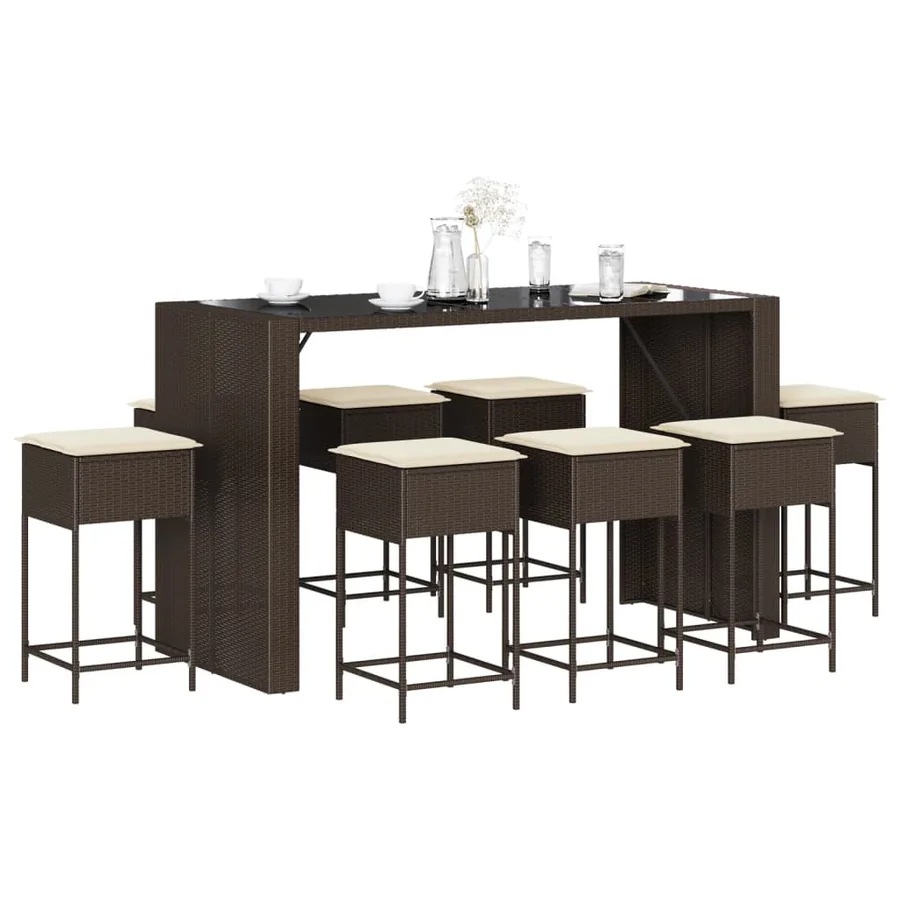 Ensemble de bar de jardin 9 pcs avec coussins marron poly rotin