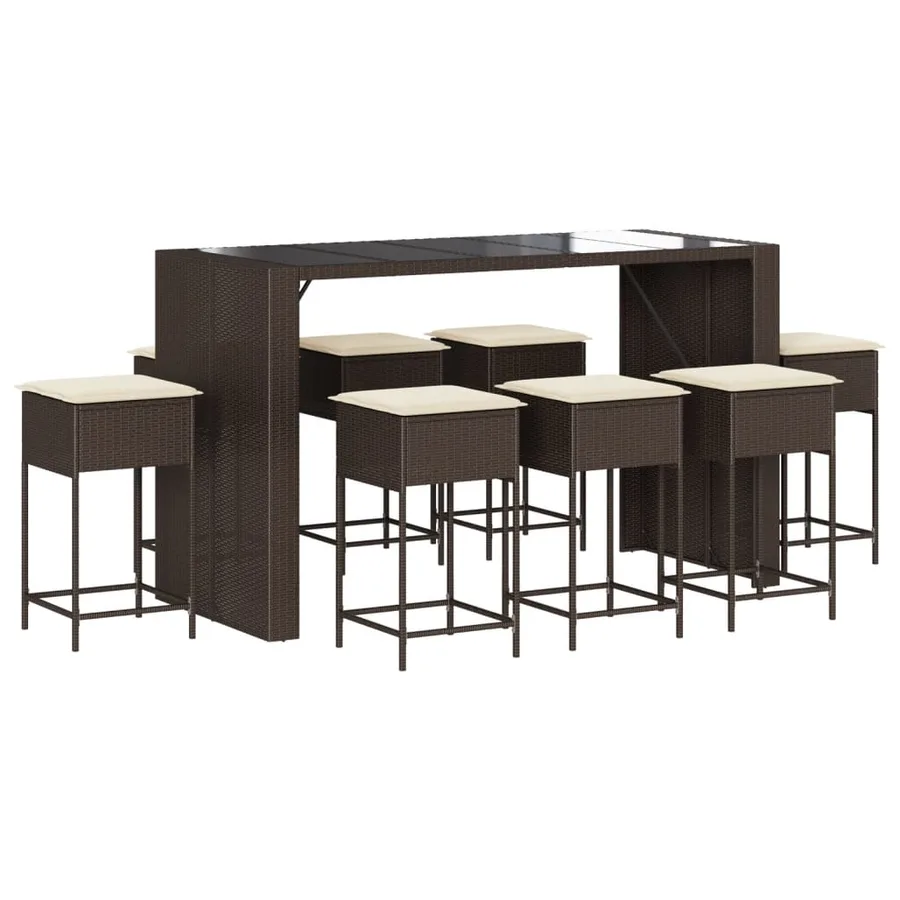 Ensemble de bar de jardin 9 pcs avec coussins marron poly rotin - 2