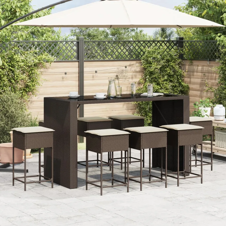 Ensemble de bar de jardin 9 pcs avec coussins marron poly rotin - 3