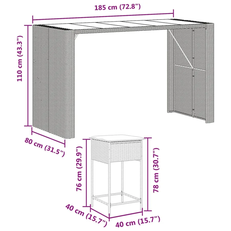 Ensemble de bar de jardin 9 pcs avec coussins marron poly rotin - 8
