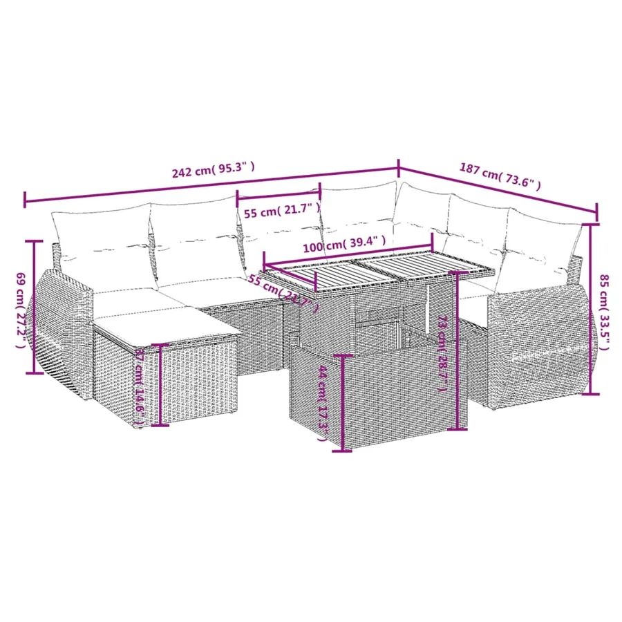 Salon de jardin avec coussins 8 pcs beige résine tressée - 3
