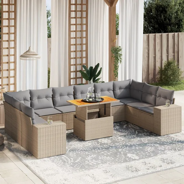Salon de jardin 11 pcs avec coussins beige résine tressée