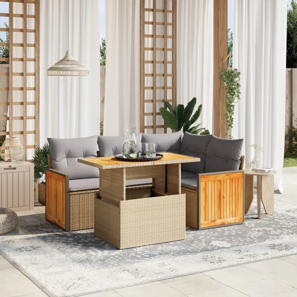 Salon de jardin avec coussins 5 pcs beige résine tressée