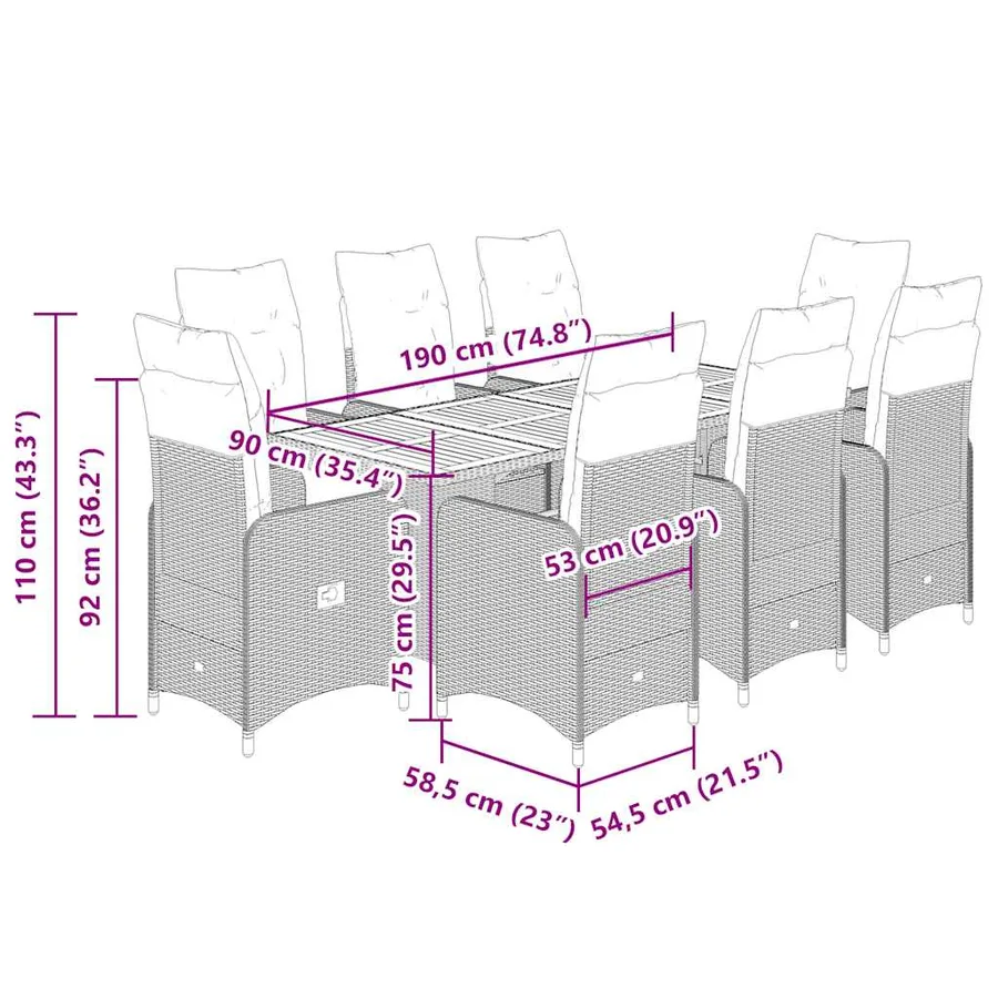 Ensemble de bistro de jardin 9 pcs coussins gris poly rotin - 8