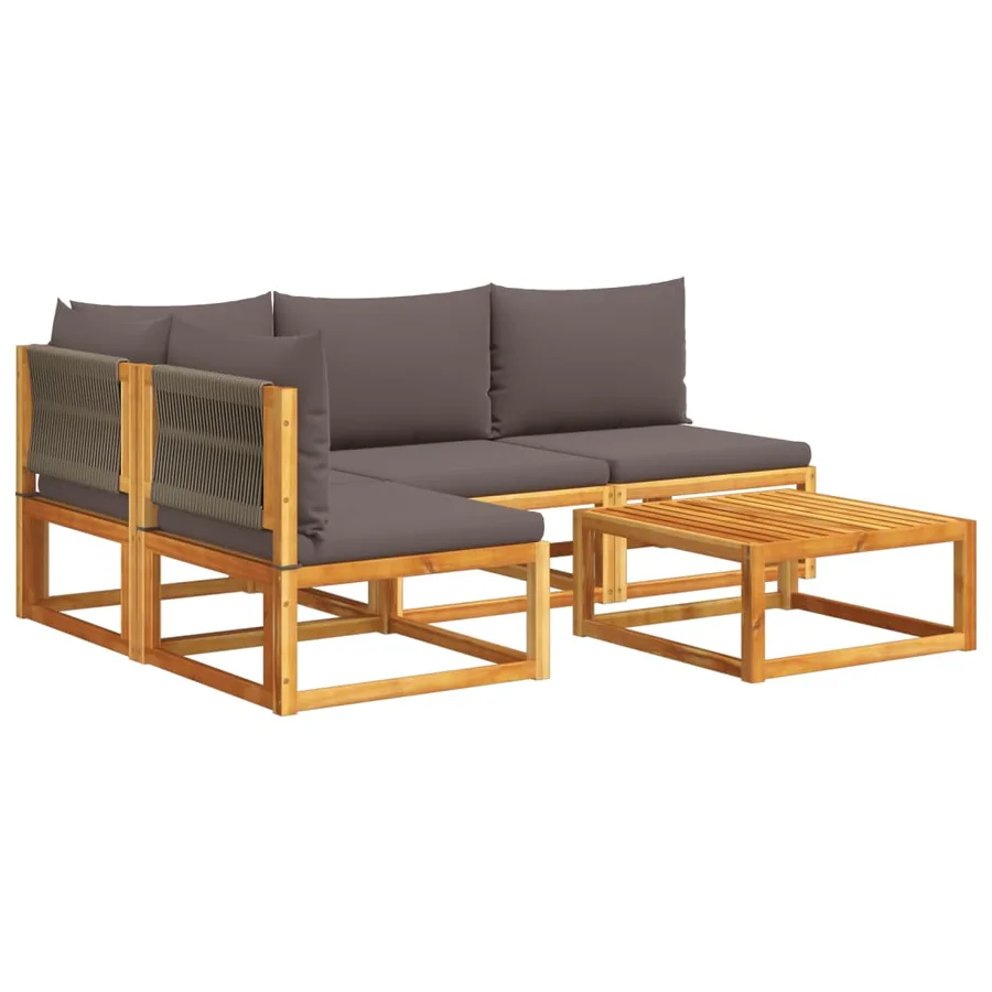 Ensemble de canapés de jardin 5 pièces avec coussins en bois d'acacia et corde - 2
