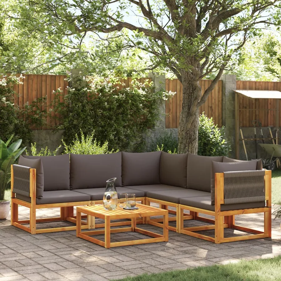 Ensemble de canapés de jardin 6 pièces avec coussins en bois d'acacia et corde