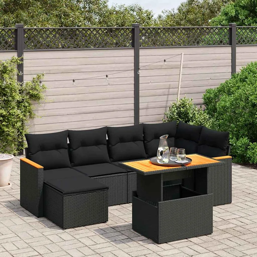 Salon de jardin 7 pcs avec coussins noir résine tressée 62 x 62 x 69 cm - 62,8 kg