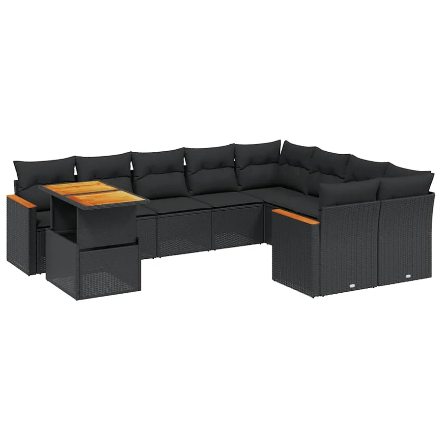 Salon de jardin 10 pcs avec coussins noir résine tressée - 2