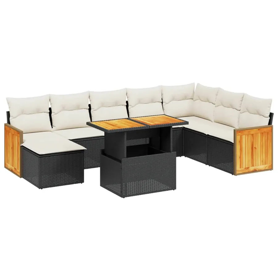 Salon de jardin 9 pcs avec coussins noir résine tressée - 2