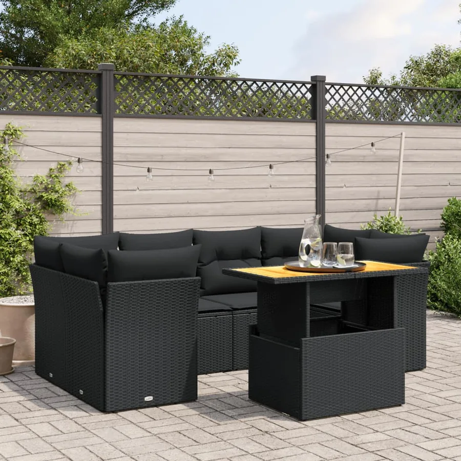 Salon de jardin 7 pcs avec coussins noir résine tressée 62 x 62 x 69 cm - 66,2 kg