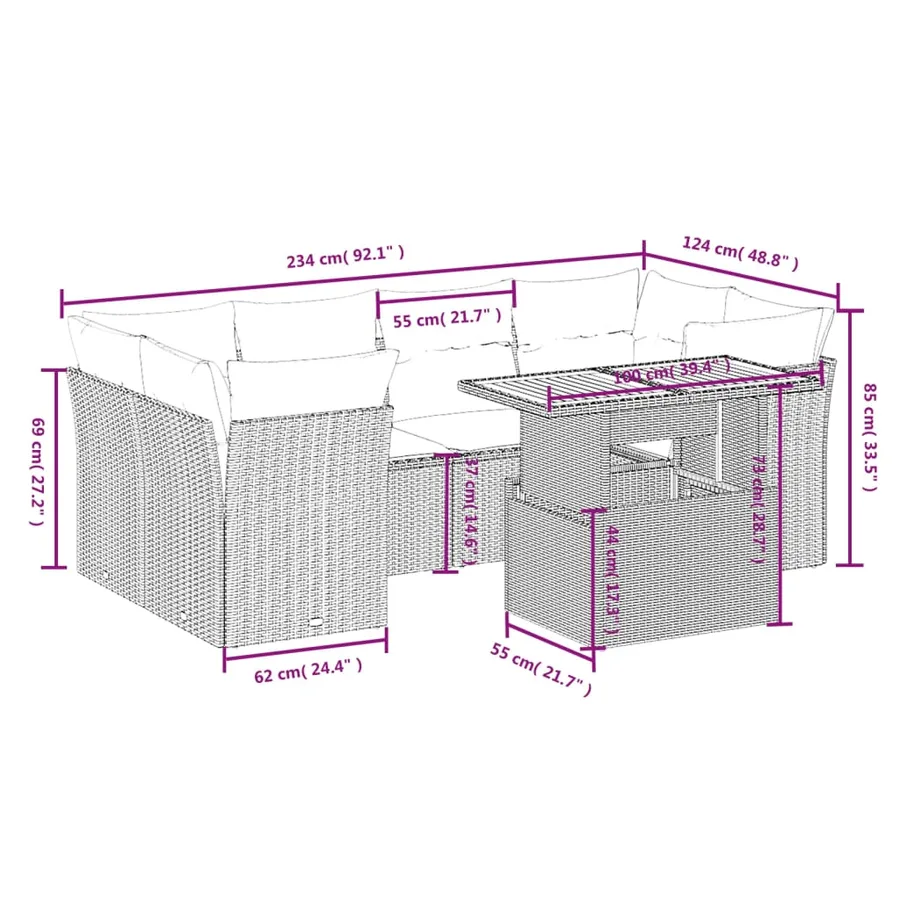 Salon de jardin 7 pcs avec coussins noir résine tressée 62 x 62 x 69 cm - 66,2 kg - 3
