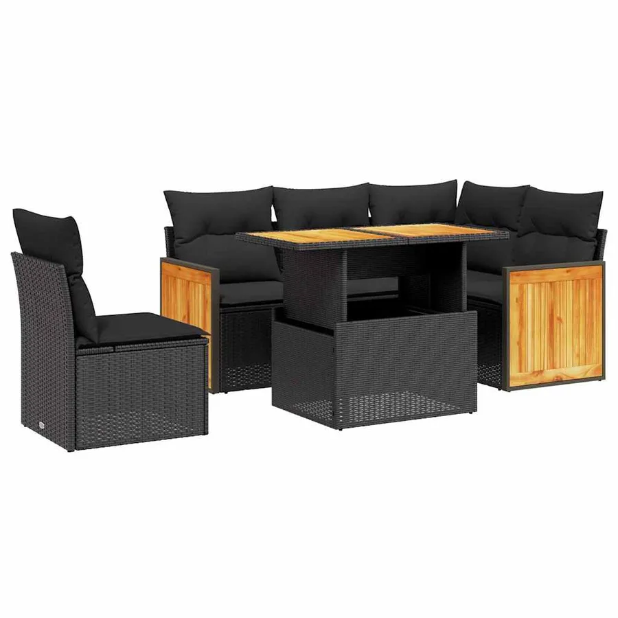Salon de jardin 6 pcs avec coussins noir résine tressée - 2
