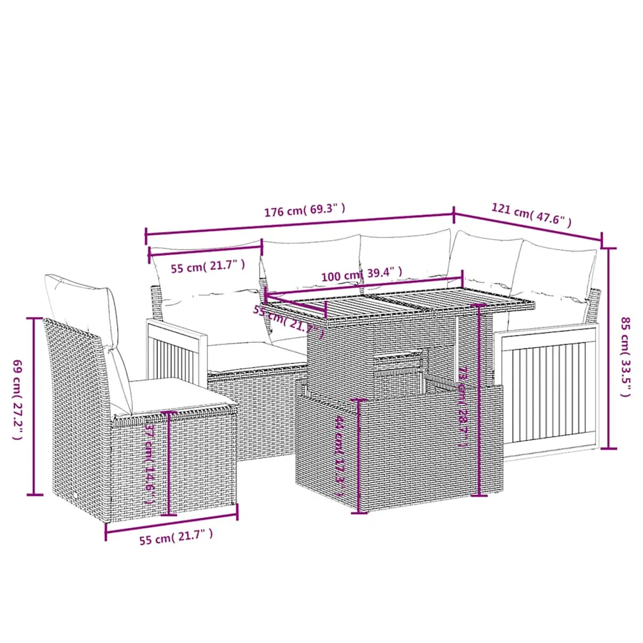 Salon de jardin 6 pcs avec coussins noir résine tressée - 3