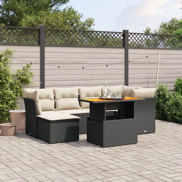 Salon de jardin 7 pcs avec coussins noir résine tressée 62 x 62 x 69 cm - 63,7 kg