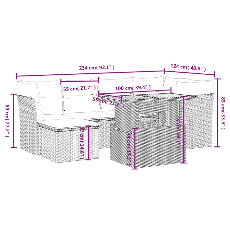 Salon de jardin 7 pcs avec coussins noir résine tressée 62 x 62 x 69 cm - 63,7 kg - 3